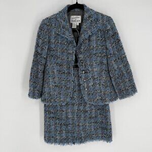 RICKIE FREEMAN FOR TERI JON WOOL MOHAIR BLEND TWEED SKIRT + BLAZER SET BLUE SZ 6